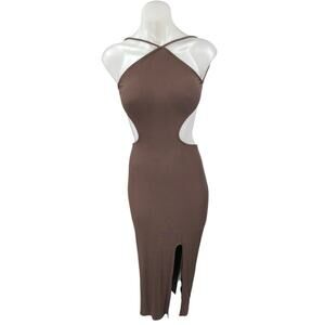 12th Tribe Brown Ribbed Knit Sleeveless Cutout Slit Midi Bodycon Dress Size L